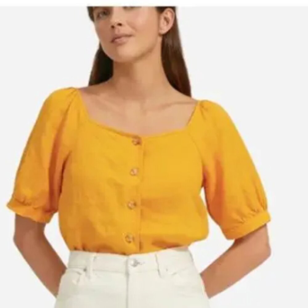 Everlane the Linen Puff Sleeve Top Marigold Yellow Size 4 ASO Selena Gomez